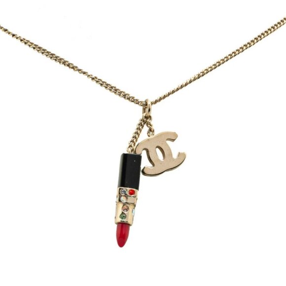 CHANEL CC Logo Rhinestone Lipstick Charm Necklace 17" Gold Tone 04A Auth w/Box - Picture 1 of 4
